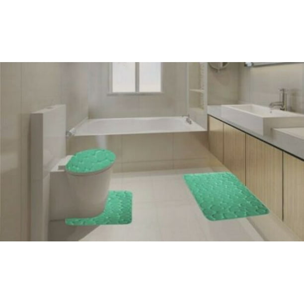 Aqua 3 Piece Rock Memory Foam Bathroom Mat Set Flannel Embossed Rug 19 X 30 Contour Mat 19 X19 And Toilet Lid Cover 19 X19 With Non Skid Rubber Back Walmart Com Walmart Com