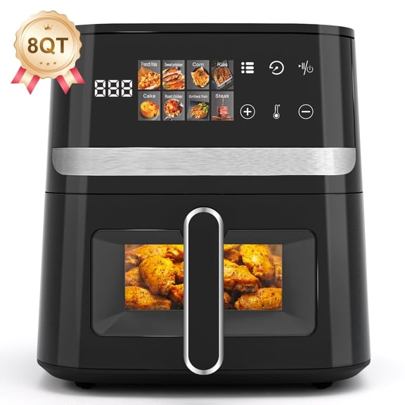 Bluebow 8QT Air Fryer, 8-in-1 Presets Electric Hot Oven with Digital LED Touchscreen, Non-stick Dishwasher-Safe Basket, Easy View Window, Black