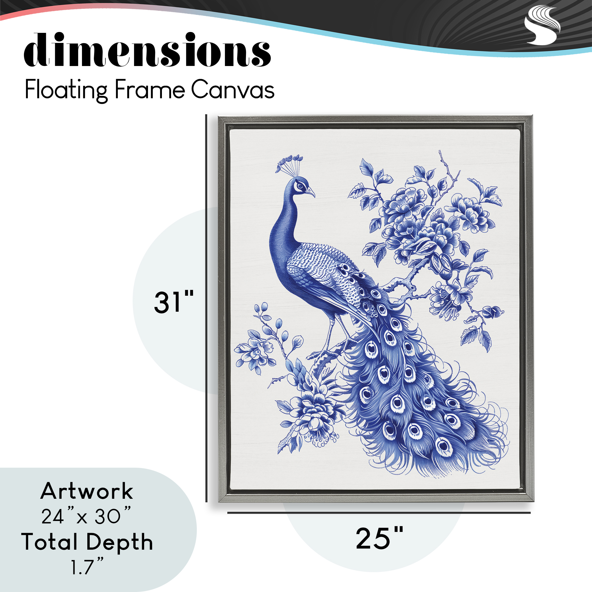 Vintage Peacock in Toile Style Gray Framed Floater Canvas Wall Art, design by Lettered and Lined