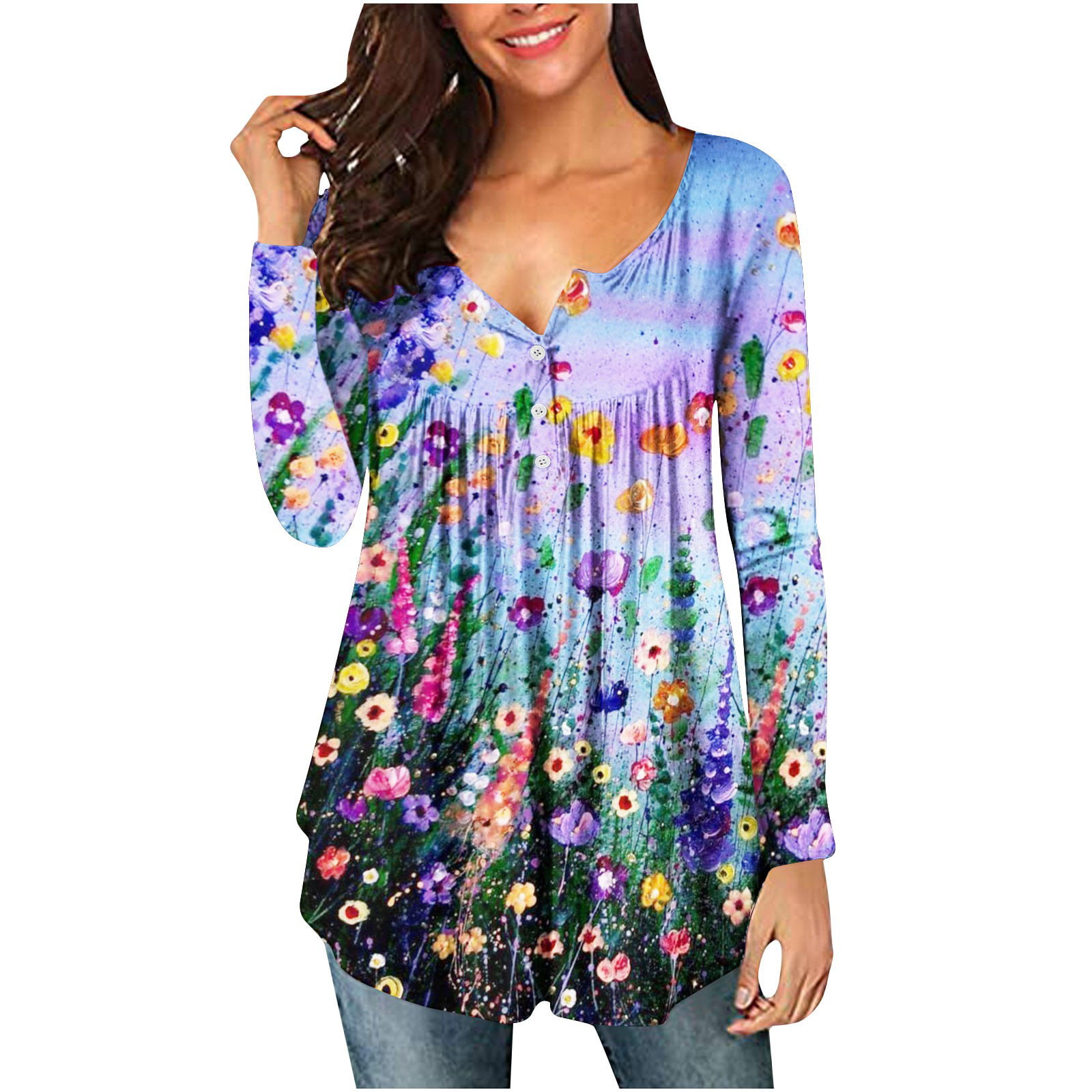 Women V Neck Pleated Loose Fit Vintage Floral Printed Loose Blouse Tunic Shirt 