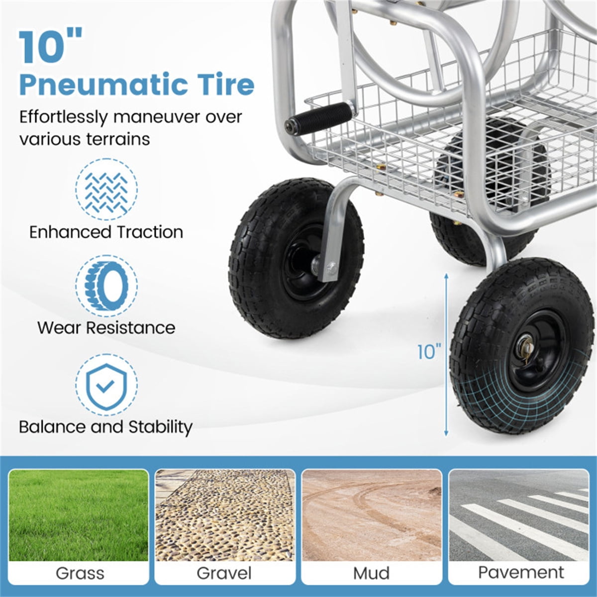 Heavy Duty Garden Hose Reel Cart with 10 Inch Pneumatic Wheels 300 FT Large Capacity Hose Winder with Storage Basket and Brass Fittings Mobile Outdoor Water Hose Holder Silver