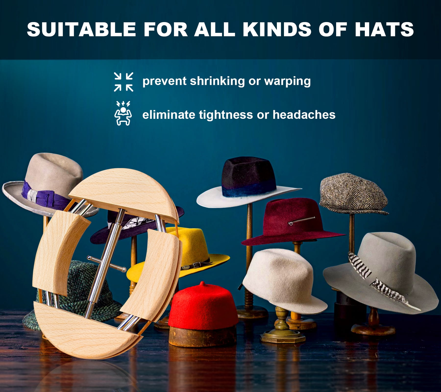 4 Way Hat Stretcher for Fitted Hats, Cowboy Hat Stretcher for Men Fits All Caps - Beech Wood, Heavy Duty of Hats Extender, Widener Shaper Large Size Hat Jack w. Sliding Wrench