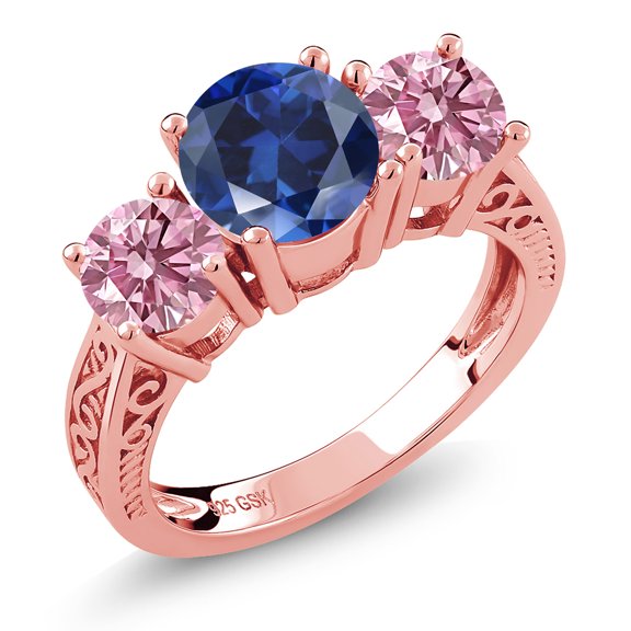 Gem Stone King 18K Rose Gold Plated Silver Blue Created Sapphire and Pink Lab Grown Diamond Engagement Ring for Women | 2.60 Cttw | Round 7MM | Gemstone September Birthstone | Size 6