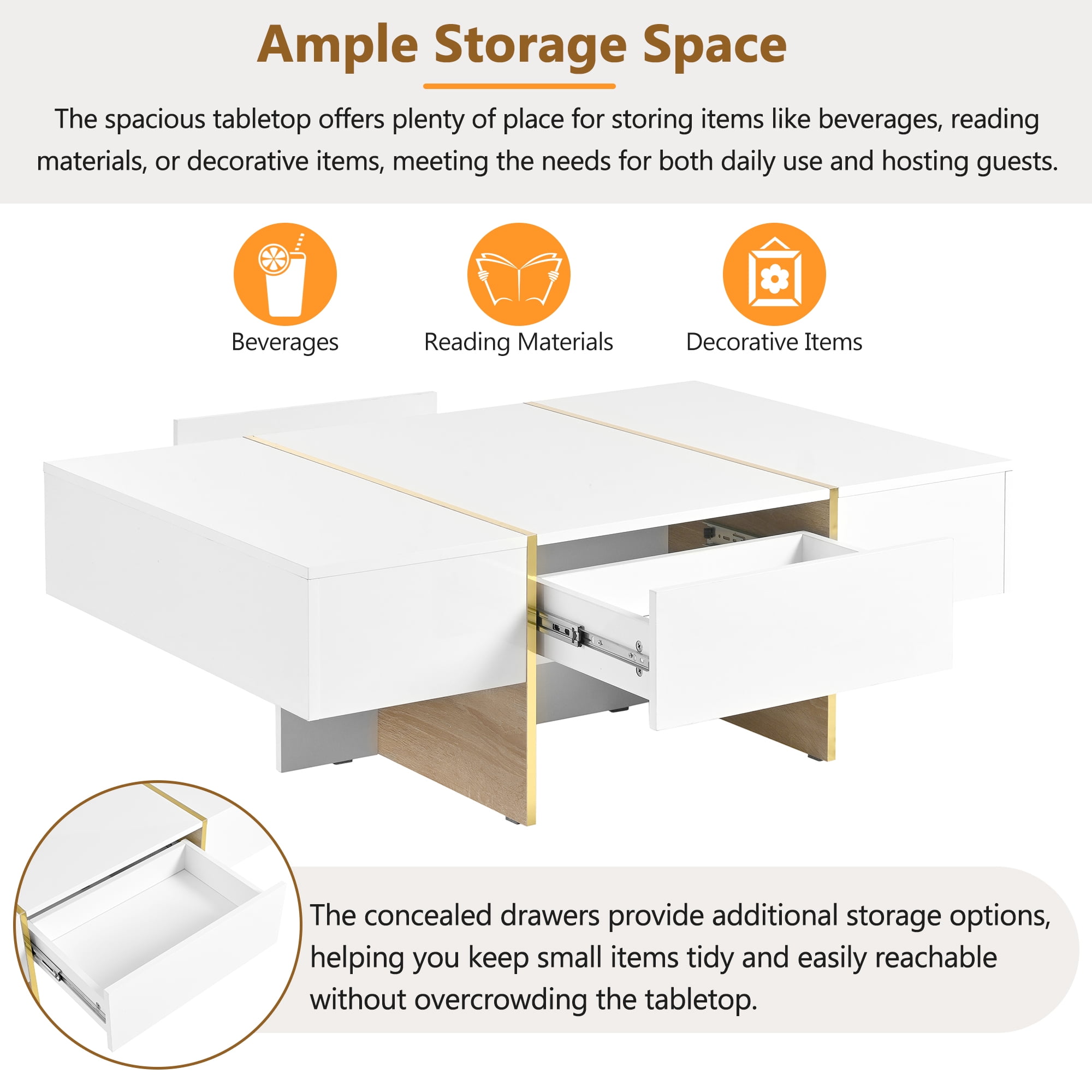 Euroco Modern Rectangle High-Gloss Coffee Table with Gold Trim and Hidden Storage Drawers, 47.2", MDF Finish