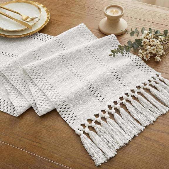 Macrame Boho Table Runner 72 Inches Long Farmhouse Woven Cotton Home Decor for Dining Room Table Kitchen Island Buffet Console Bridal Shower Party Rustic Farmhouse Kitchen Decor - 12x72 Inch（White）
