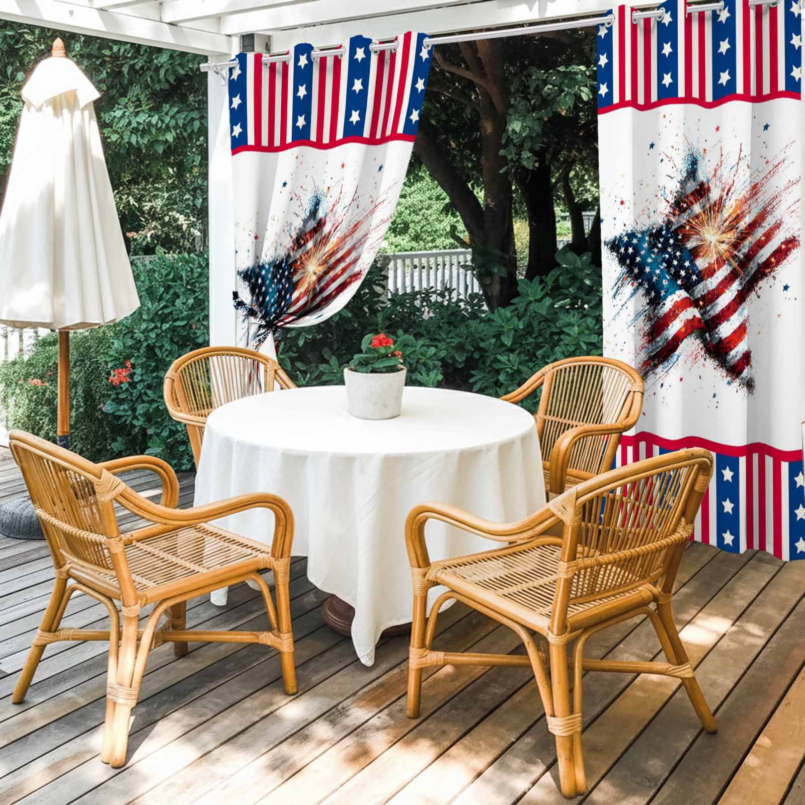 Independence Day Outdoor Curtains for Patio, Abstract American Flag Red Striped Star Sunshade Privacy Drapes Grommet Waterproof Outside Curtains for Porch/Cabana/Balcony 54"x 108", 1 Panel
