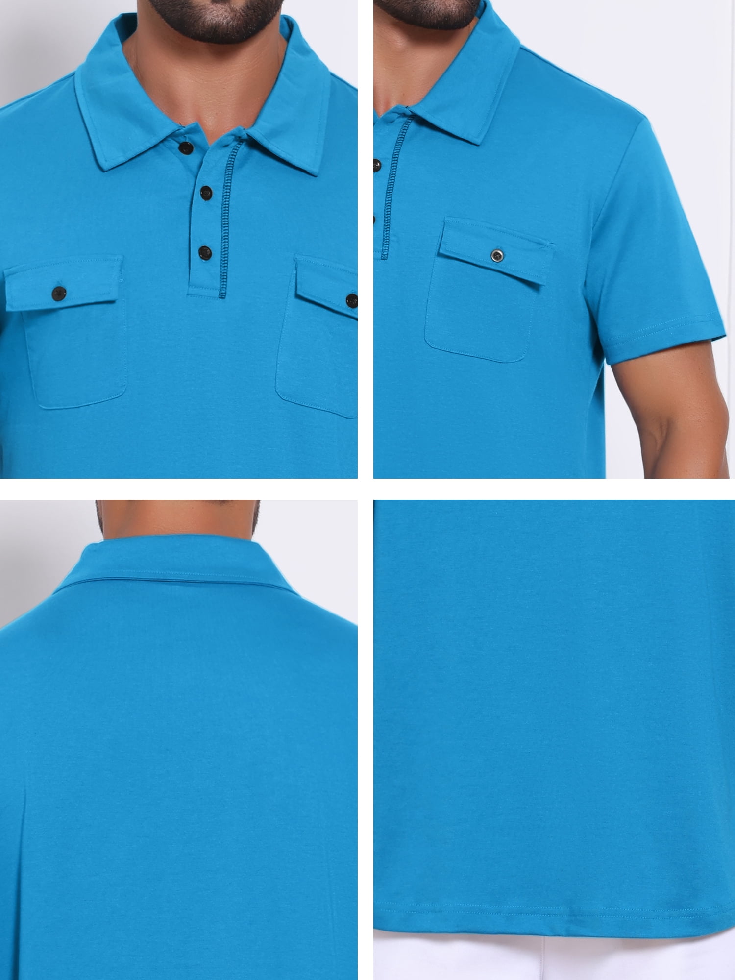 DARING DIVA Men's Collared Short Sleeve Double Chest Pockets Polo Shirt XL Blue