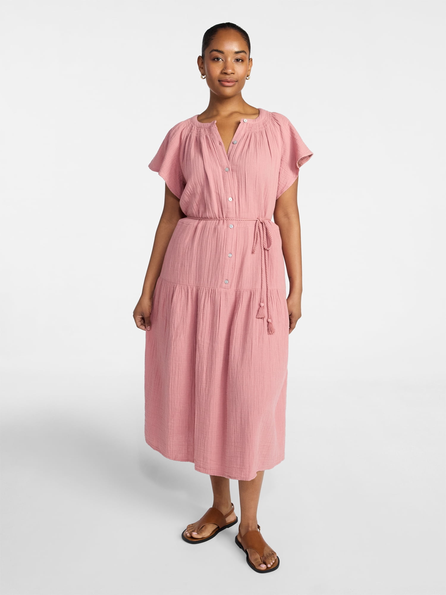 Time and Tru Women's Cotton Double Cloth Midi Dress with Short Flutter Sleeves, Sizes XS-XXXL