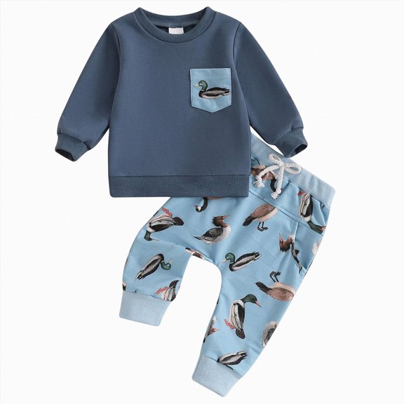 Linfrsh Toddler Boy Hunting Outfit Duck Long Sleeve Sweatshirt Top Casual Pants Set Baby Duck Clothes