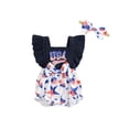 thumbnail image 2 of Aojekbee 4th of July Baby Girls Rompers Heart Stripe Stars Print Bowknot Fly Sleeve Infant Bodysuits Summer Jumpsuits with Headband, 2 of 10