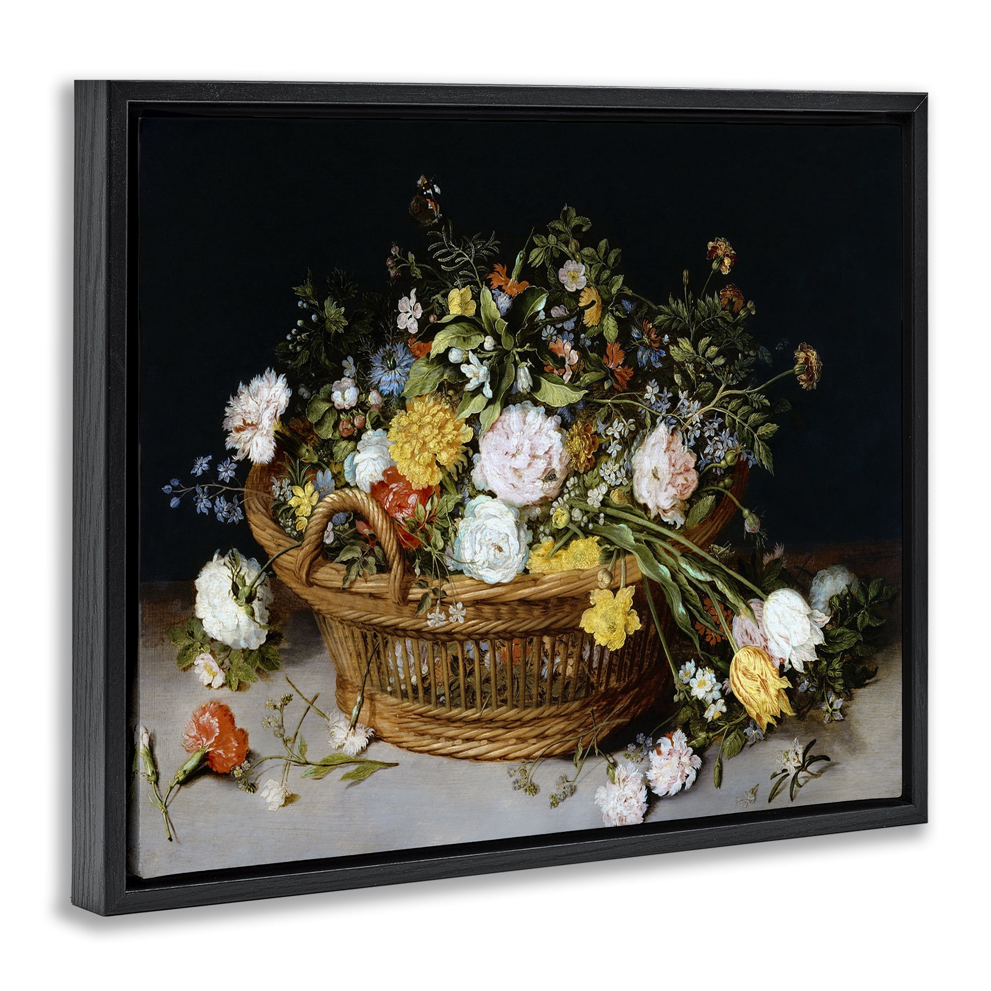 Stupell Industries Vintage Flower Basket Plants & Flowers Painting Black Floater Framed Canvas Art Print Wall Art, 31 x 25