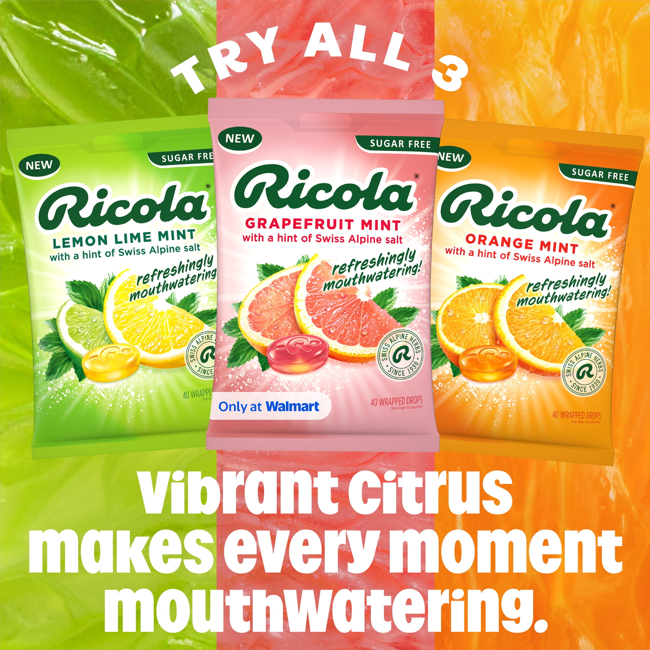 Ricola Sugar Free Grapefruit Mint Mouthwatering Drops to Quench Dry Mouth, 40 Count