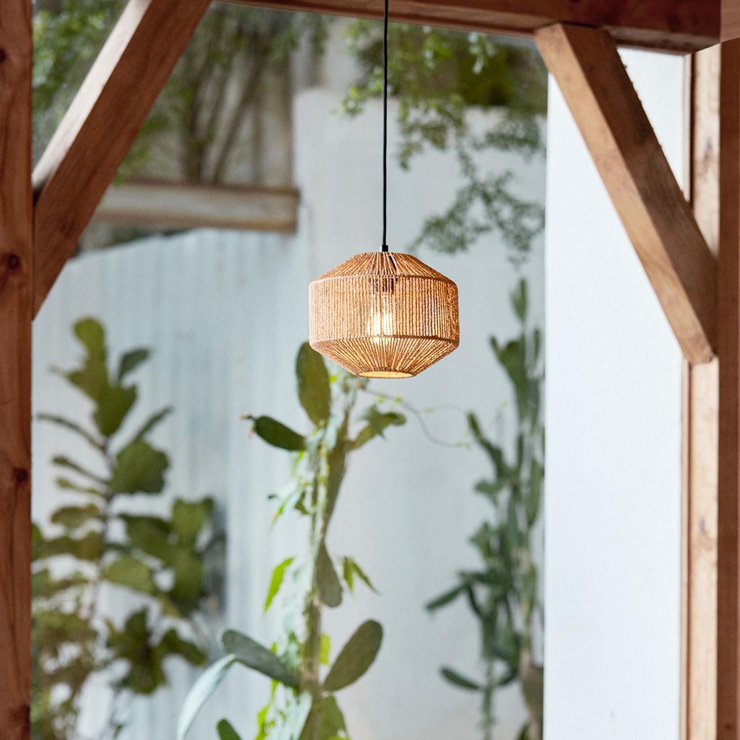 Lotus 1-Light Pendant Lighting, Natural Twine Shade, Black Fabric Cord