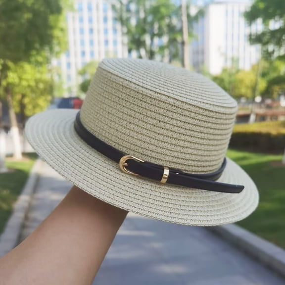 HuangHuanChen Sun Hat for Women Summer Wide Brim Woven Hat Fashion Beach Hat Versatile Panama Hat Fedora Breathable Classic Straw Sun hats One Size