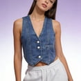 thumbnail image 6 of JGGSPWM Women's Vintage Denim Vest Single Breasted V-Neck Sleeveless Jacket Washed Distressed Waistcoat Summer Short Coat Blue S, 6 of 8