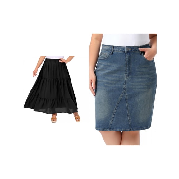 NOMADIC NOOK Women's Plus Size Two Pieces Denim Skirt High Waist Knee Length Stretch Casual Midi Swing Skirts 1X Black/Blue