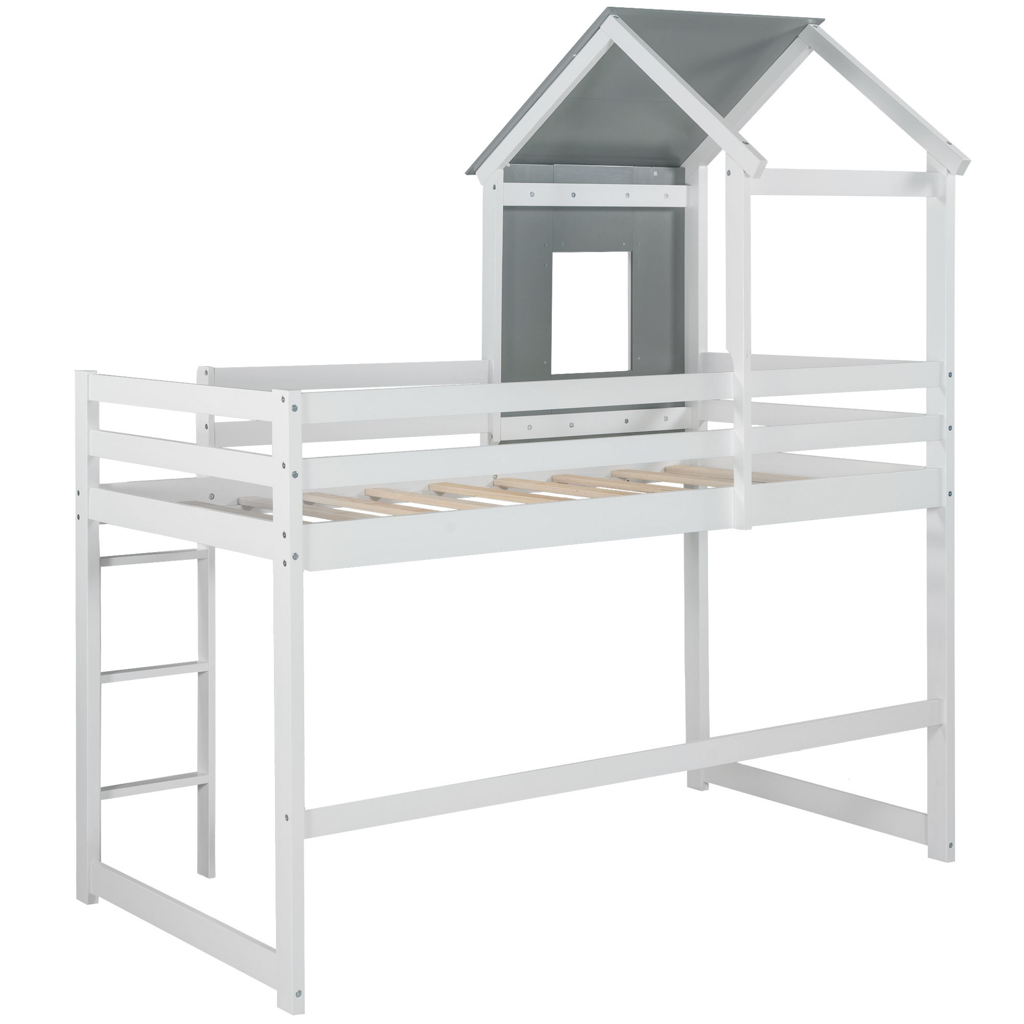 Twin over Twin Low Bunk Bed, Loft House Bed with Roof, Front Window, Ladder, Fence-shaped Guard Rail, Pine Floor Bunk Bed for Kids, Bedroom, Apartments, No Box Spring Needed