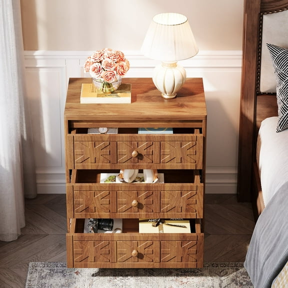 Tribesigns Farmhouse Night stand with 3 Drawers, Industrial Bed side Table with Elegant Patterns, NightStand End Table for Bedroom, Living Room, Brown
