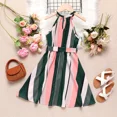 thumbnail image 2 of PatPat Girls Summer Dresses Kids Stripe Belted Halter Neck Cold Shoulder Casual A-line Dress, Green, 9-10 Years, 2 of 6