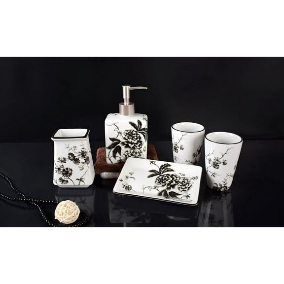 Heavenly Designs Watson Bathroom Accessories - Black and White Ceramic Bathroom Set - Any Age