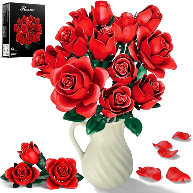 Rasout Set de construcción de ramo de rosas rojas 634 piezas, flores DIY