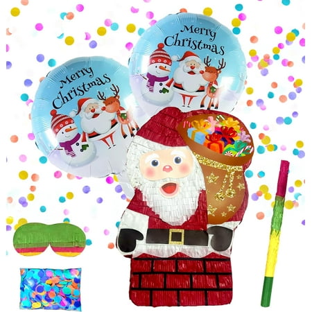 Santa Claus Pinatas, Santa Claus in Chimney Pinatas Festive Christmas Decorations for Themed Celebrations and Holiday Party Games Includes Busterstick,Blindfold,Confetti and 2 Chirstmas Ballons