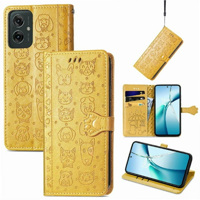 Funda Cartera FOXDOCK para Motorola Moto G35 , Flip PU con Relieve de Gatos y Perros, Tarjetero y Soporte