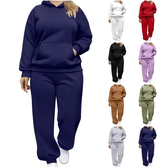 VBTAPA Womens Plus Size Sweatsuits 2 Piece Casual Sports Outfits Oversized Hoodie Tracksuit with Pockets Dark Blue L