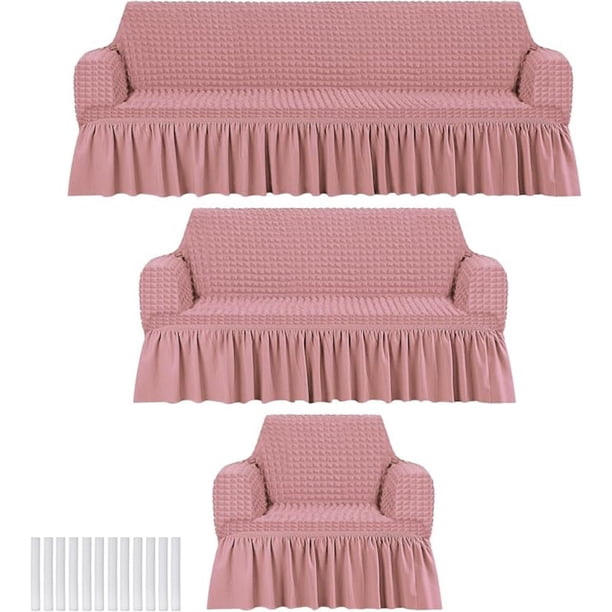 3 Pzs Funda Cubre Sala Sofá Elástica Con Falda Tipo Plumeti