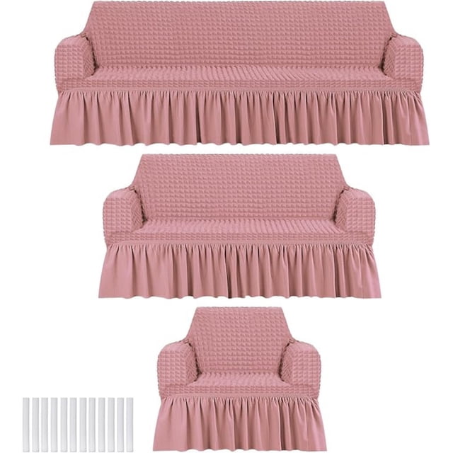 3 Pzs Funda Cubre Sala Sofá Elástica Con Falda Tipo Plumeti