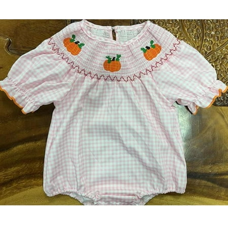 

Michellecmm Baby Halloween Fall Romper Pumpkin Embroidered Plaid Short Puff Sleeve Round Neck Ruffled Jumpsuits Gingham One-Piece Bodysuit