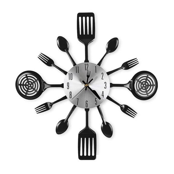 16 Inch Kitchen Wall Clocks with Spoons and Forks(Black)