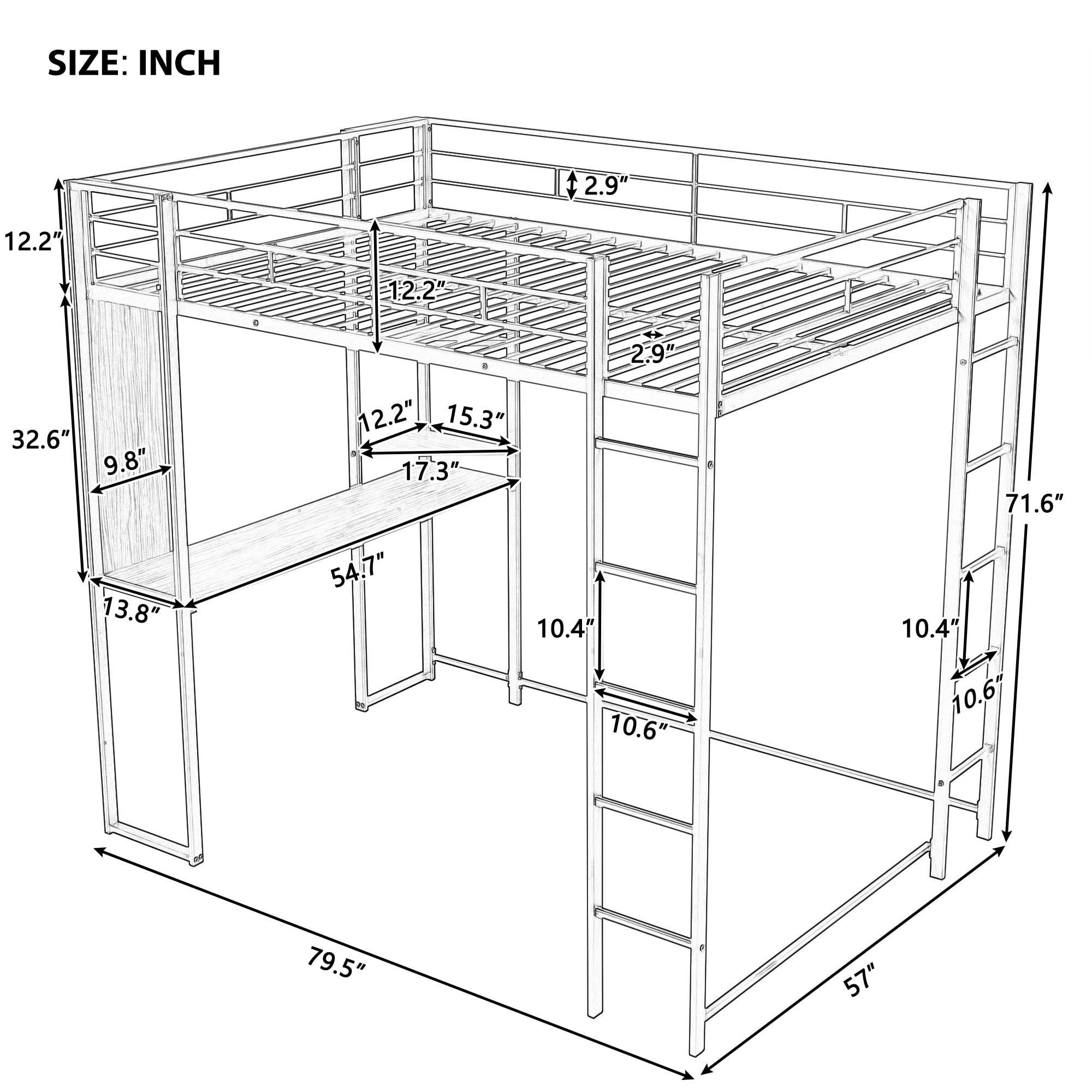 Gewnee Full Size Metal Loft Bed with Desk and Two Ladders for Kids and Teens,White