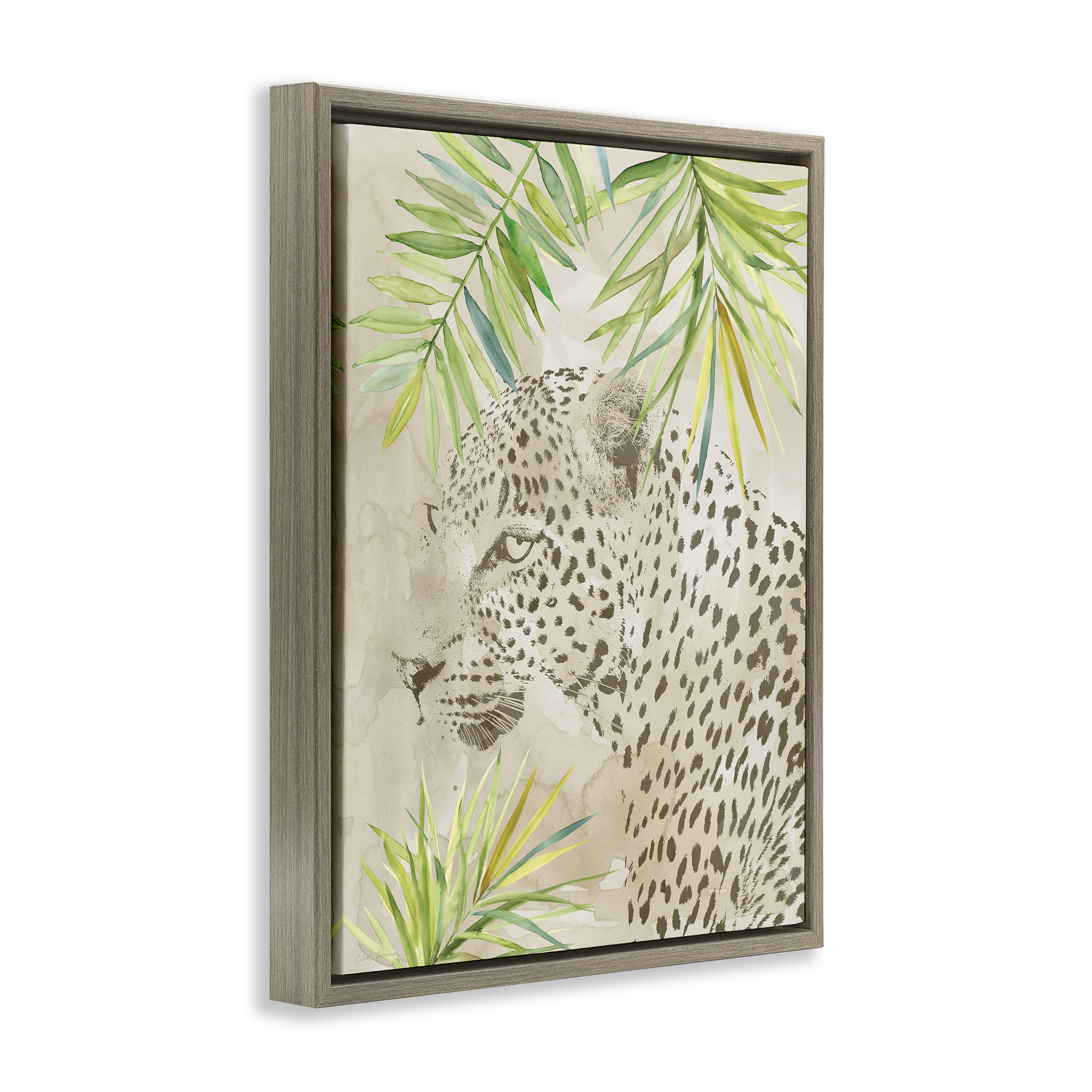 Stupell Industries Leopard Impression & Palms Animals Painting Brown Floater Framed Canvas Art Print Wall Art, 25 x 31