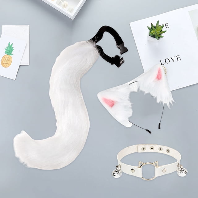 3 piezas de gato de piel sintética Aro de cabellero Cola de Campana de Halloween Gargantilla de material cuero para el cuello Conjunto de , Blanco Talla única Yinane Traje de juego de cosplay