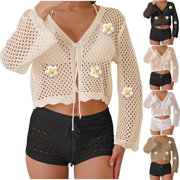 Oksale 3D Floral Swimsuit Coverup for Women Hollow Out Cropped Crochet Cardigan Cozy Long Sleeve Beach Tops with Belt Casual V Neck Open Front Summer Cover Up Khaki Free Size