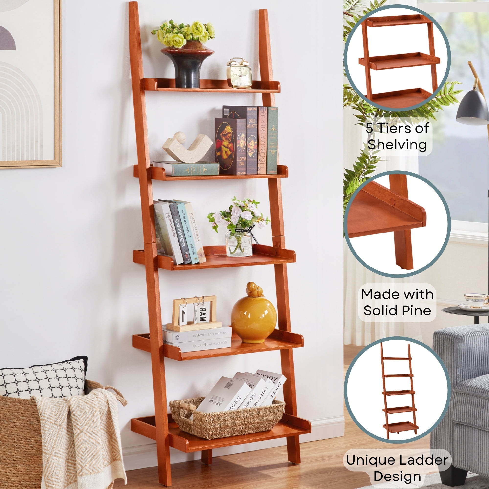 Convenience Concepts American Heritage 5-Shelf Ladder Bookcase, Cherry