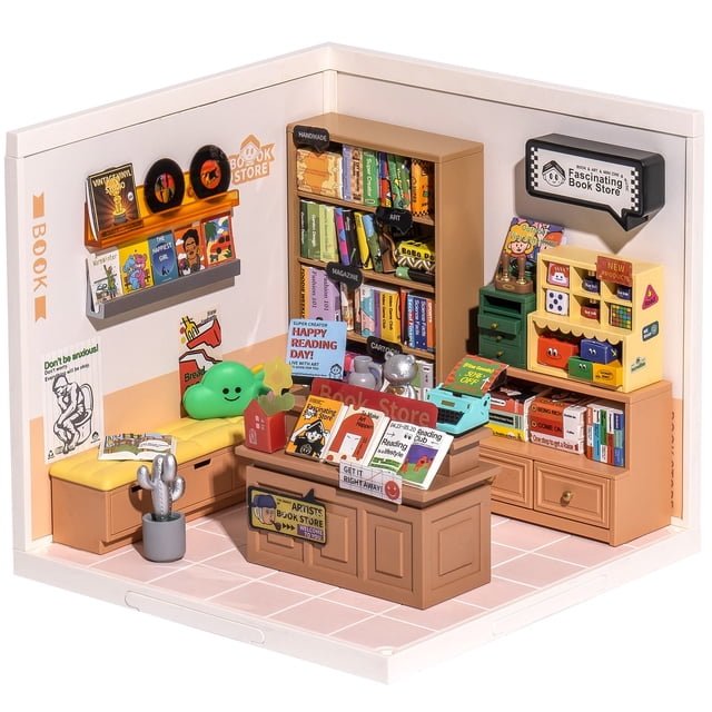 miniature house robotime DIY store a escala 1:24 con luz LED, tienda de libros en miniatura multicolor; escena interior en 3/4 con mostrador central y estanterías llenas de libros miniatura, sofá pequeño, accesorios detallados y letrero iluminado LED; fácil de montar e ideal para manualidades.