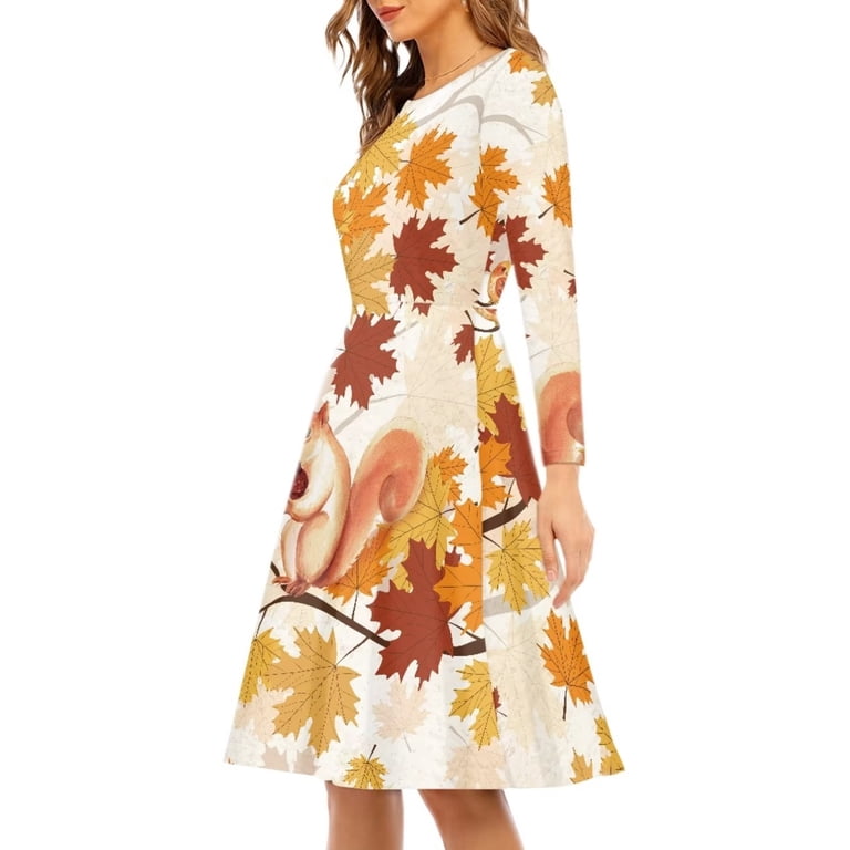 FKELYI Happy Thanksgiving Women Dresses Size 2XL Comfortable Fall Maple Leaves Swing Party Dress Breathable Long Sleeve Dress for women Formal