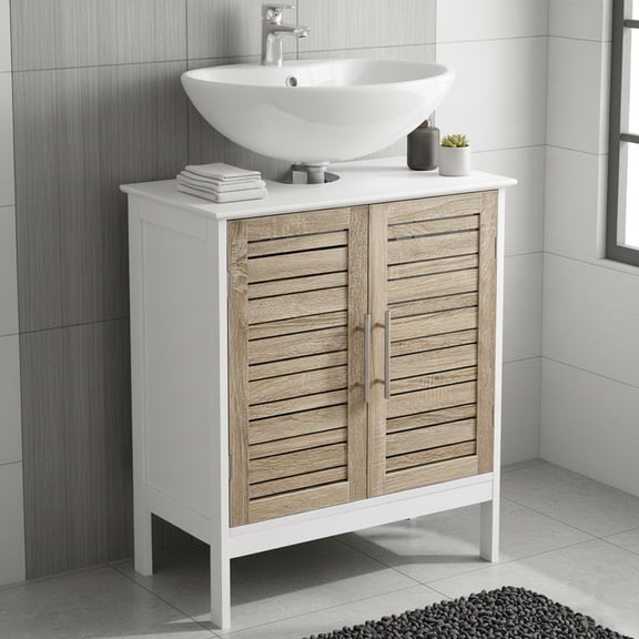 Under-Sink Cabinet with Double Vented Doors, Bathroom Vanity for Small Spaces, U-Shaped Cut-Out, White and Oak Finish - Stockholm Collection