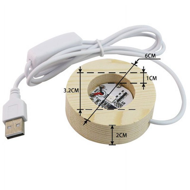 Base de bola de cristal luminosa de madera maciza, luz de noche de madera, portalámparas redondo, luz blanca cálida, lámpara de mesa con enchufe USB, LED de 1 m de largo