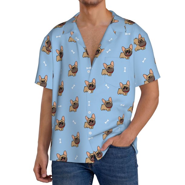 Balery Brown French Bulldog Camisa Casual de Manga Corta con Botones para Hombre, Texturizada, Estilo Cubano, para Playa, Verano-Small