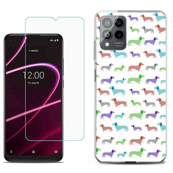 Slim-Fit Gel TPU Phone Case for T-Mobile Revvl 6 Pro 5G, with Tempered Glass Screen Protector, by OneToughShield ® - Colorful Dachshund/Puppy