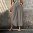 thumbnail image 4 of Lenpel Linen Pants Women Cotton Elastic High Waisted Drawstring Side Button Cropped Wide Leg Pants Baggy Casual Trousers, 4 of 6