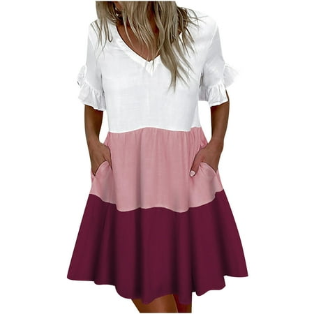 

Inkach Womens V-Neck Solid Color Pocket Dress
