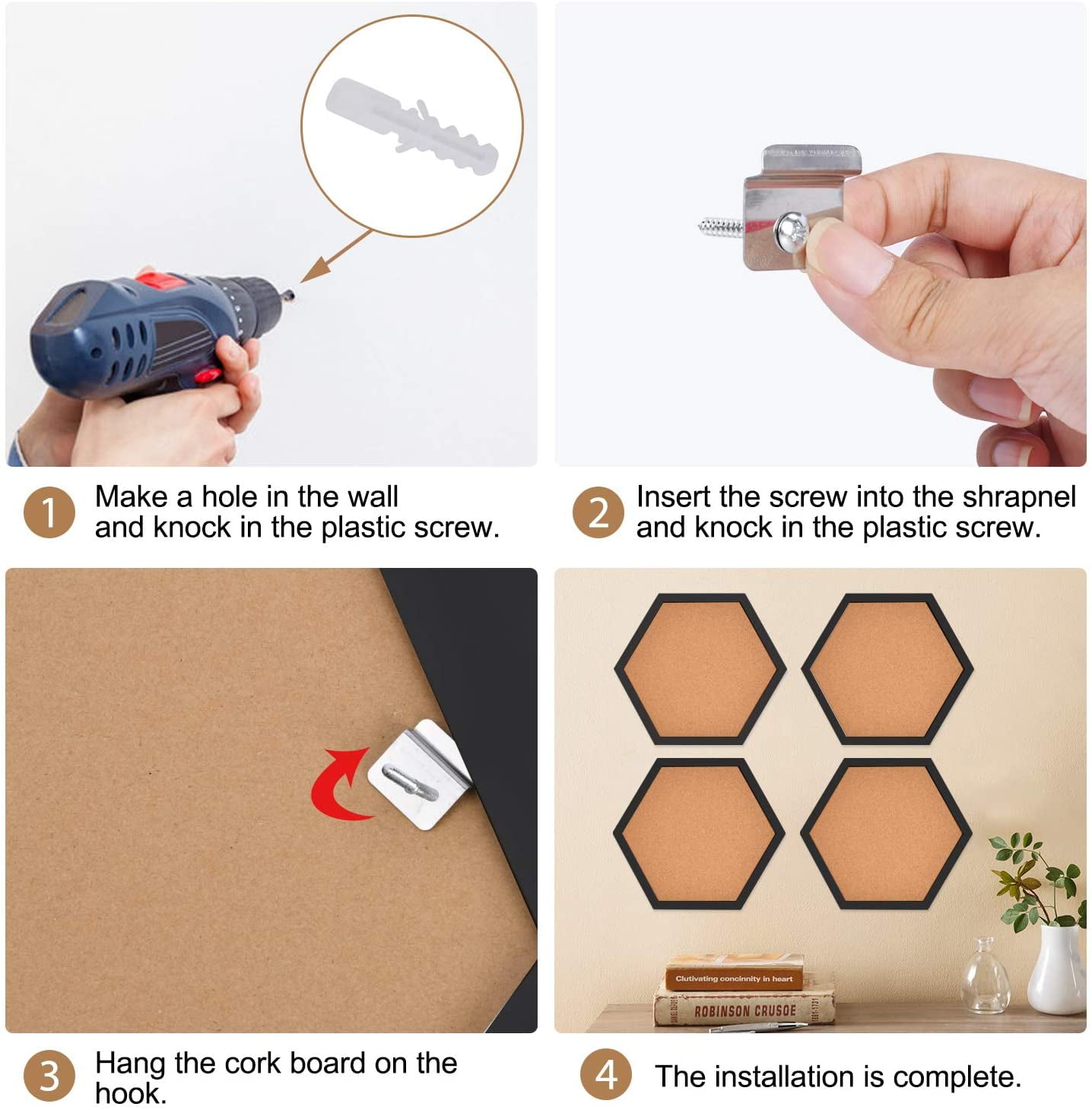 Cork Bulletin Board Hexagon 4 Pack, Small Framed Cork board for Wall, Thick Decorative Display Boards for Home Office Decor, School Message Board with 16 Push Pin Wood Clips