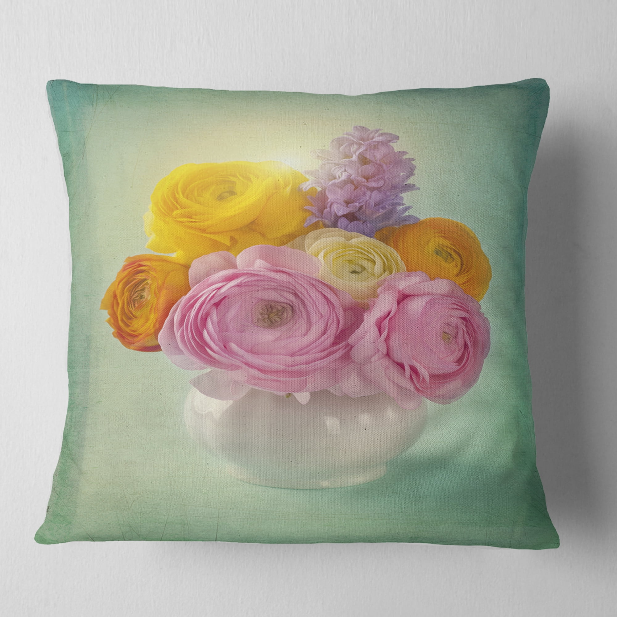 Designart Pink and Yellow Ranunculus Flowers - Floral Throw Pillow - 18x18