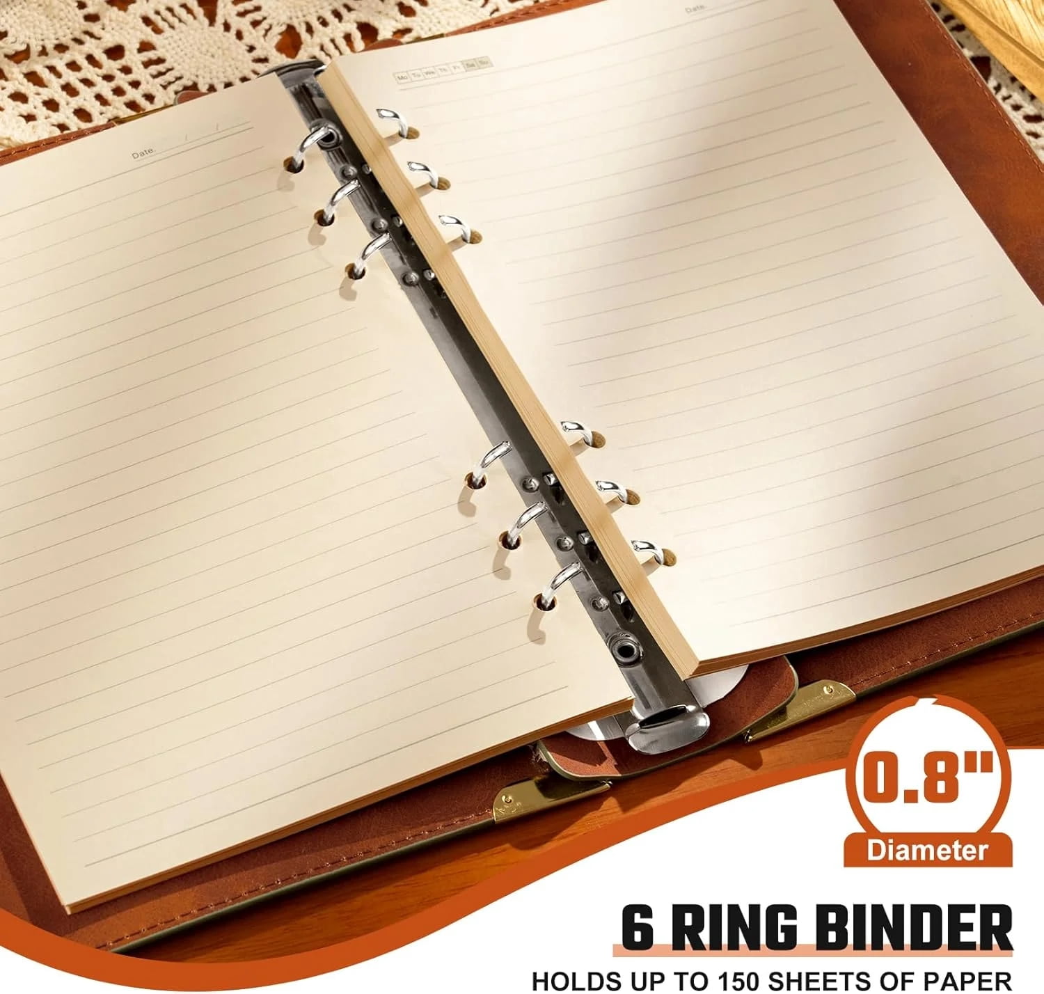 2 Pack Leather 6 Ring Binder 1 Inch Round Ring Binder Holds 200 Sheets 5.7"x8.3" Letter Size Paper, Wedding Family History Notebook Cover Loose Leaf Organizer