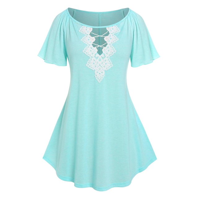 Camiseta de Aplicación de Encaje de Talla Extra con Mangas Raglán Rosegal Camisetas tallas grandes