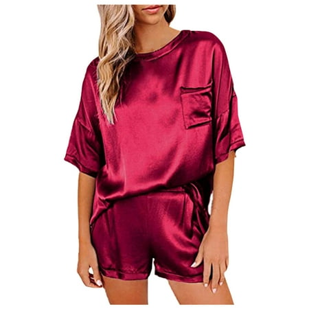 

B91xZ Pajamas For WomenSilk Color Pajamas Short Two-piece Sleeved Home Shorts Women s Suit Imitation Solid Clothes Irregular Exotic Lingerie Red L